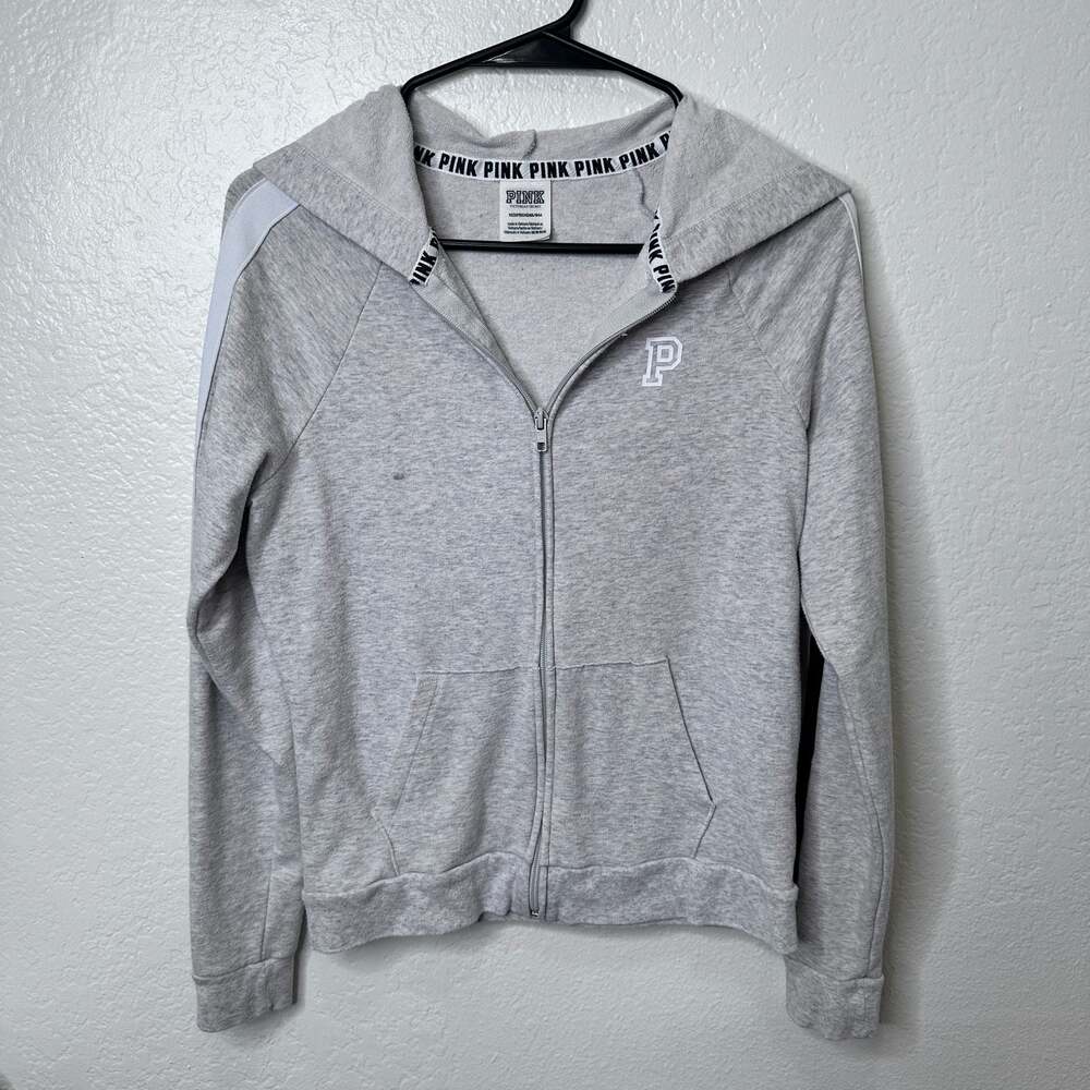 Victoria's Secret PINK Gray Full-Zip Hoodie with Striped Sleeves